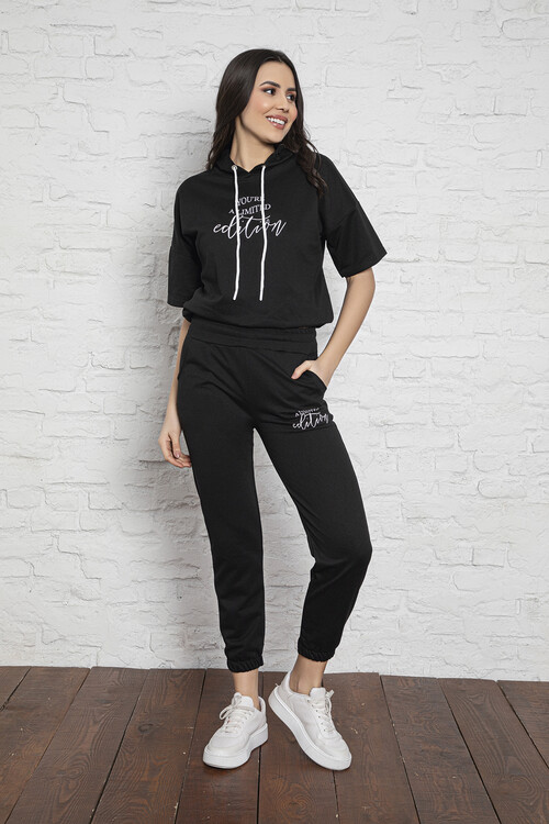2 İplik Kısa Kol Kapüşonlu Takım 2204 Siyah