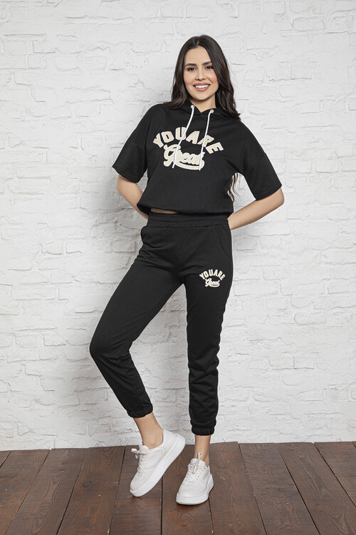 2 İplik Kısa Kol Kapüşonlu Takım 2204 Siyah