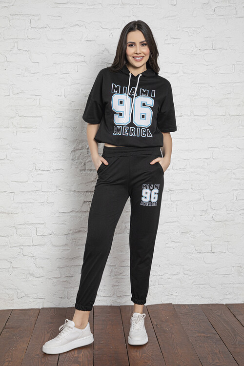 2 İplik Kısa Kol Kapüşonlu Takım 2204 Siyah