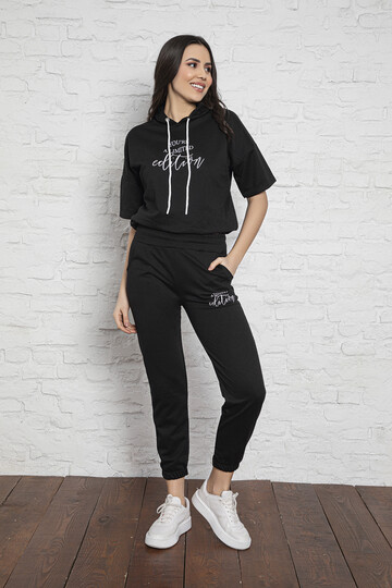 2 İplik Kısa Kol Kapüşonlu Takım 2204 Siyah