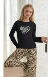 Kalp Detay Leopar Desen Pijama Takımı